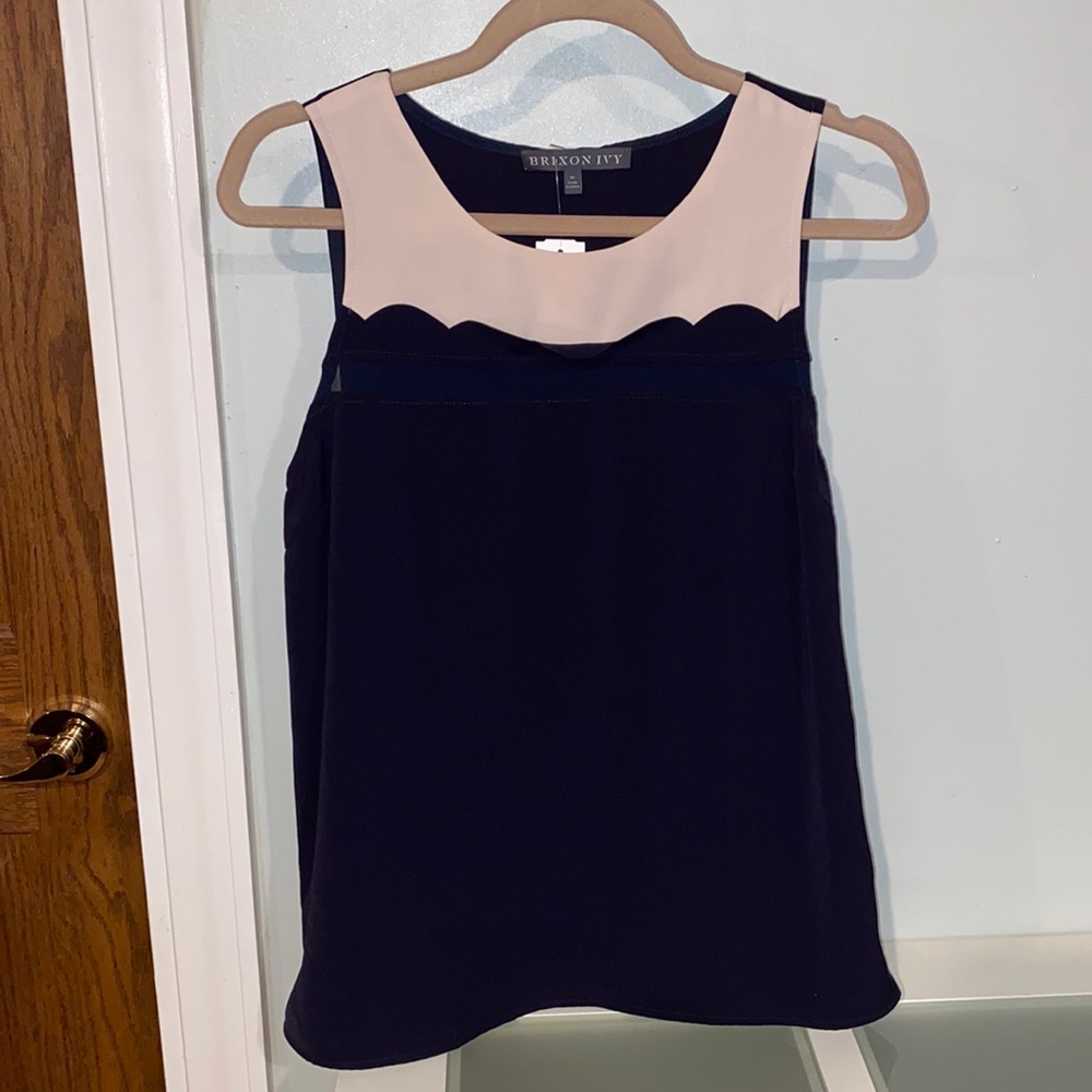 Brixon Ivy Navy Blue/Blush Pink Scalloped Edge Sleeveless Blouse-Size M-NWT!